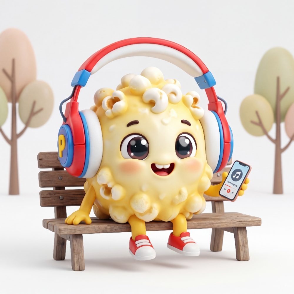 Poppy on a park bench listening on headphones