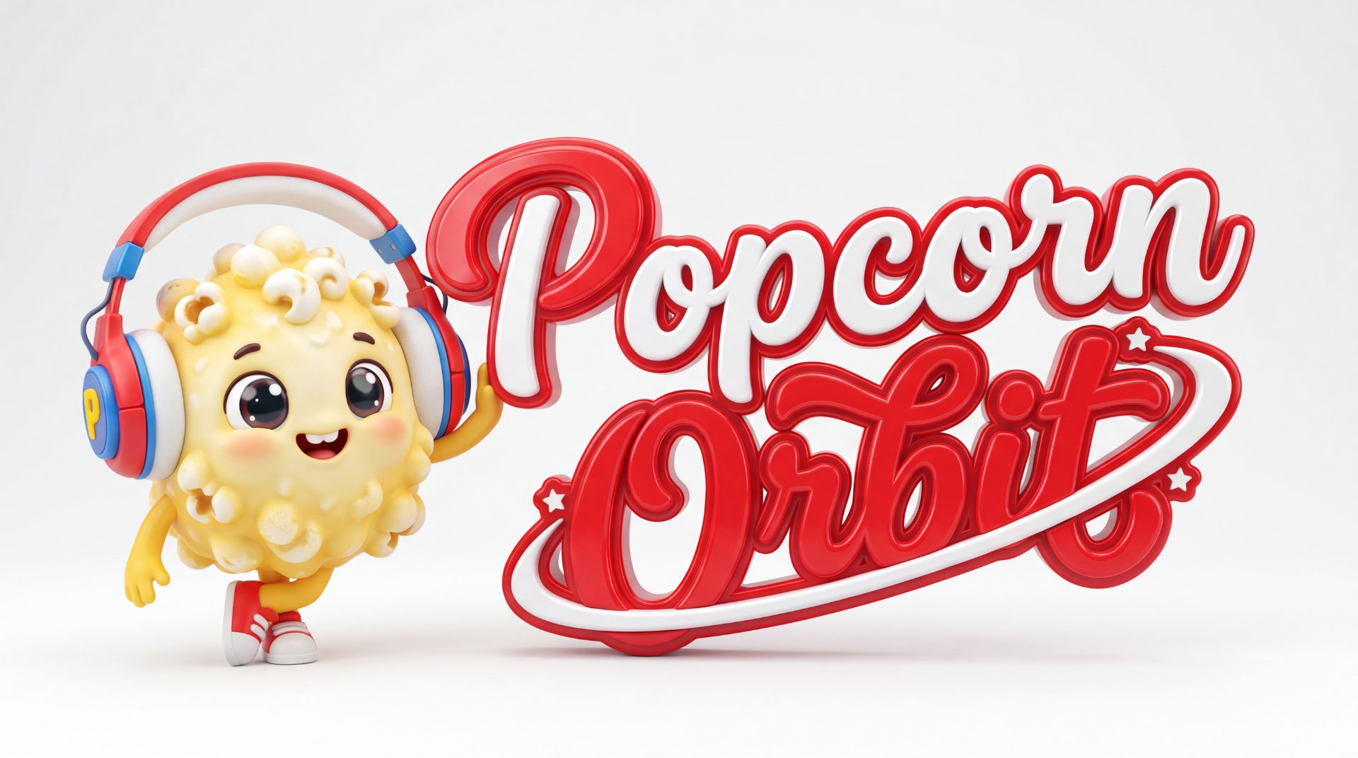 Poppy, a popcorn character with headphones, leaning on the Popcorn Orbit wordmark